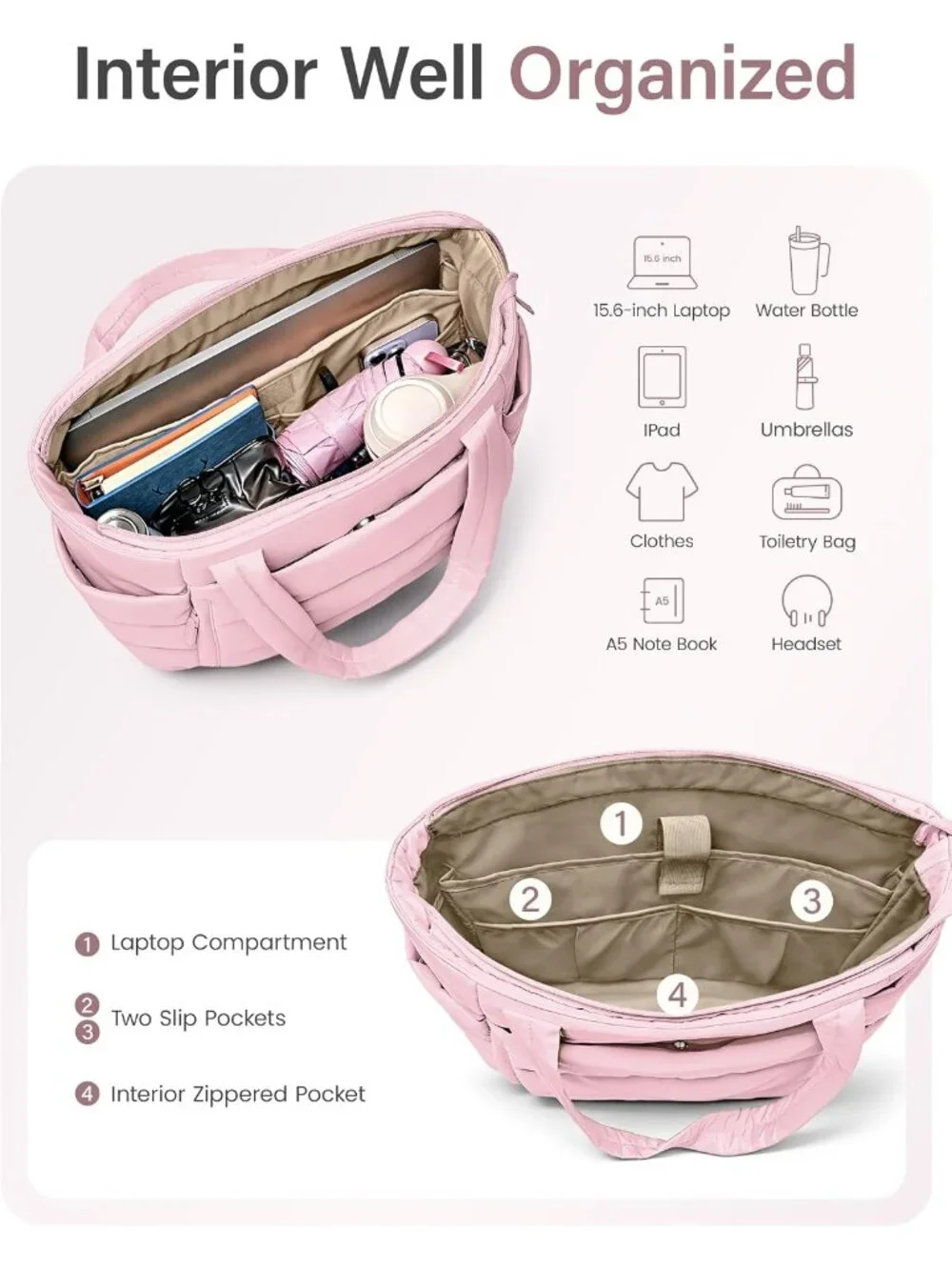 👜Women's Light Pink Quilted Puffer Tote Bag Zipper Work Bag With Compartments